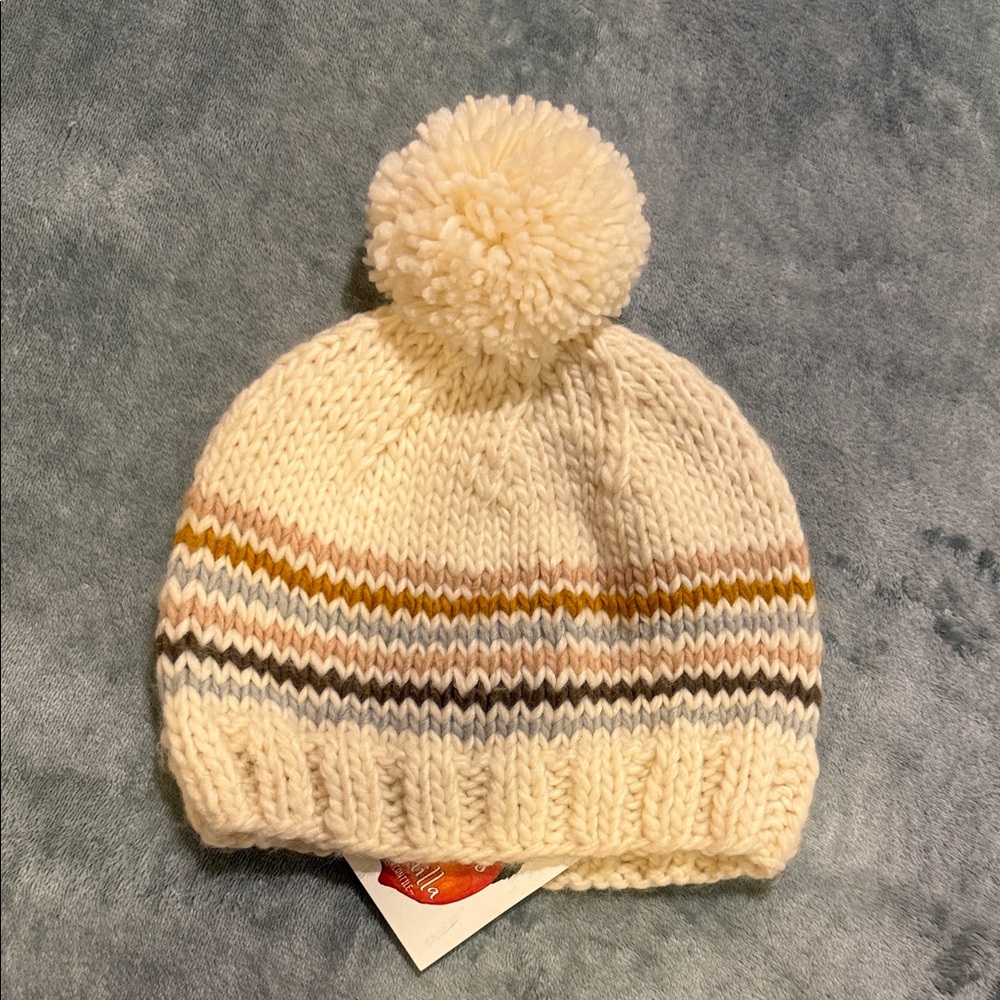 Pom-Pom Knit Beanie - Cream with Ric-Rac Style Stripes, size L NWT